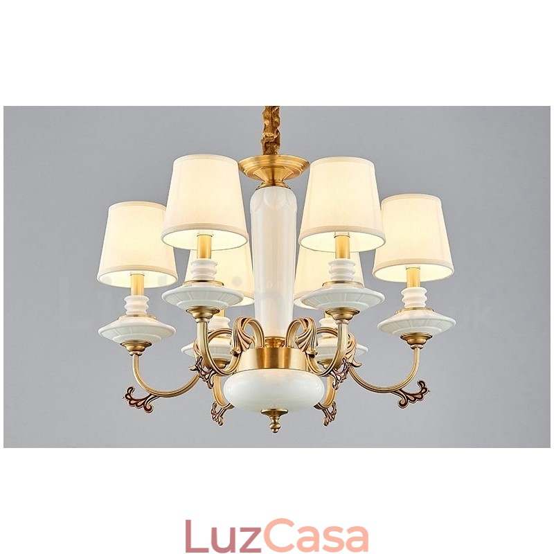 Retro Vintage Latão Cerâmica Pingente Vela Lustre com Tecido Tons