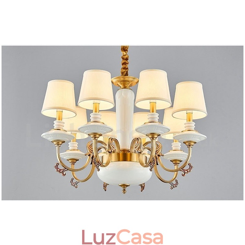 Retro Vintage Latão Cerâmica Pingente Vela Lustre com Tecido Tons