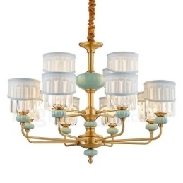 Pure Brass Luxuoso Rústico Retro Vintage Latão Cerâmica Pingente Vela Lustre com Tecido e Cristal Tons