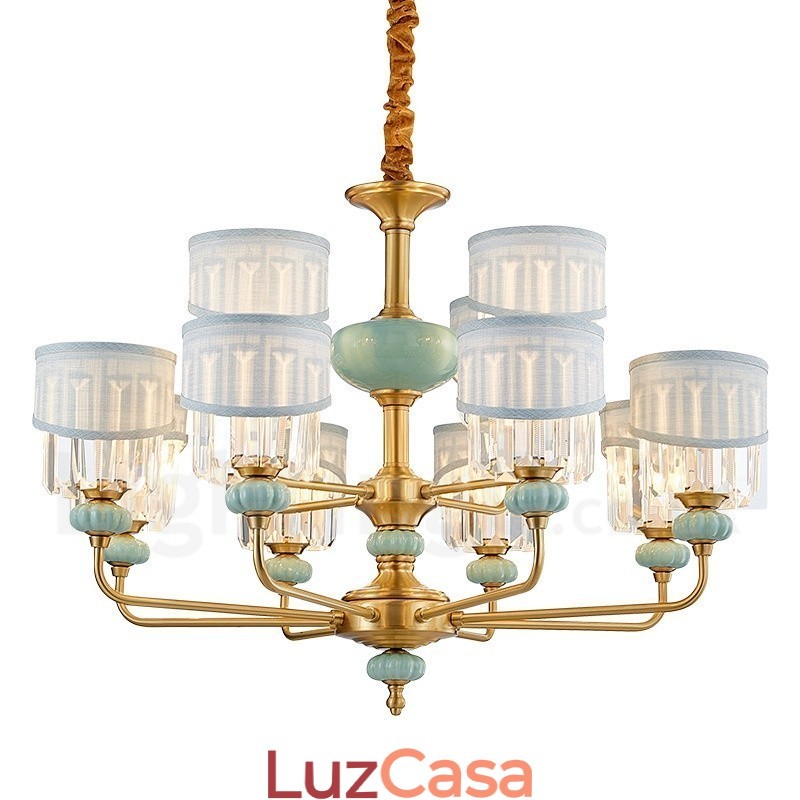 Pure Brass Luxuoso Rústico Retro Vintage Latão Cerâmica Pingente Vela Lustre com Tecido e Cristal Tons
