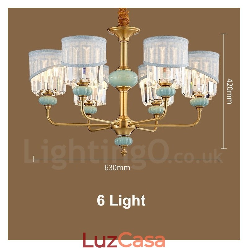 Pure Brass Luxuoso Rústico Retro Vintage Latão Cerâmica Pingente Vela Lustre com Tecido e Cristal Tons