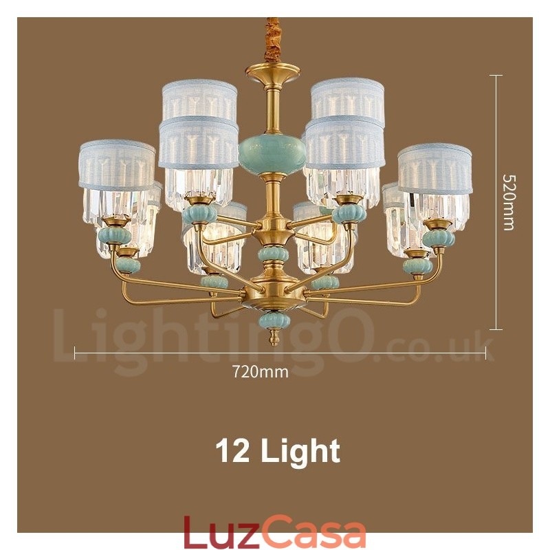Pure Brass Luxuoso Rústico Retro Vintage Latão Cerâmica Pingente Vela Lustre com Tecido e Cristal Tons