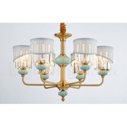 Pure Brass Luxuoso Rústico Retro Vintage Latão Cerâmica Pingente Vela Lustre com Tecido e Cristal Tons