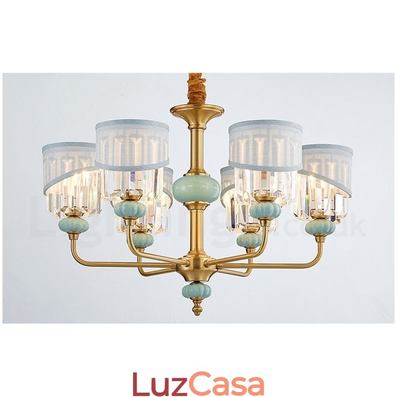 Pure Brass Luxuoso Rústico Retro Vintage Latão Cerâmica Pingente Vela Lustre com Tecido e Cristal Tons