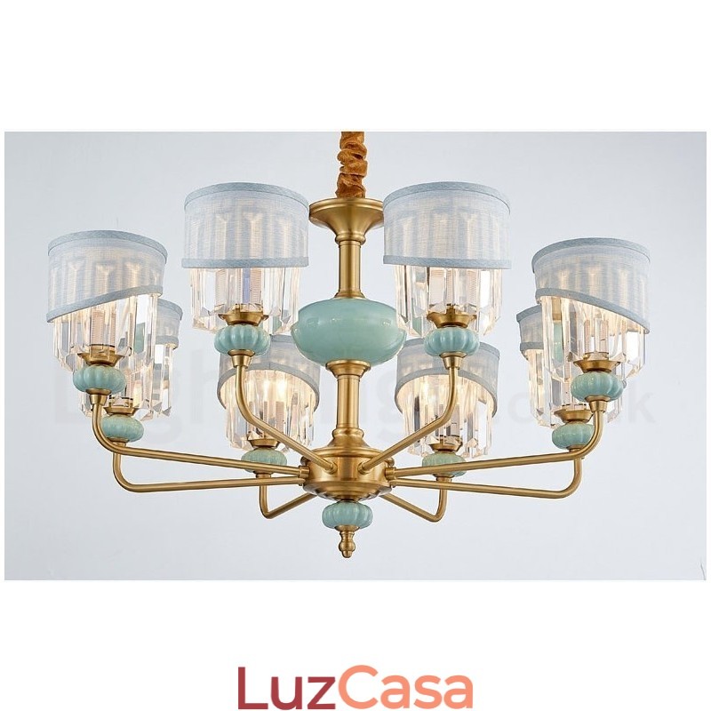 Pure Brass Luxuoso Rústico Retro Vintage Latão Cerâmica Pingente Vela Lustre com Tecido e Cristal Tons