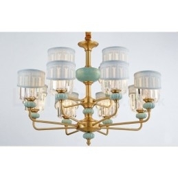 Pure Brass Luxuoso Rústico Retro Vintage Latão Cerâmica Pingente Vela Lustre com Tecido e Cristal Tons