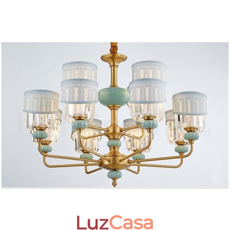 Pure Brass Luxuoso Rústico Retro Vintage Latão Cerâmica Pingente Vela Lustre com Tecido e Cristal Tons
