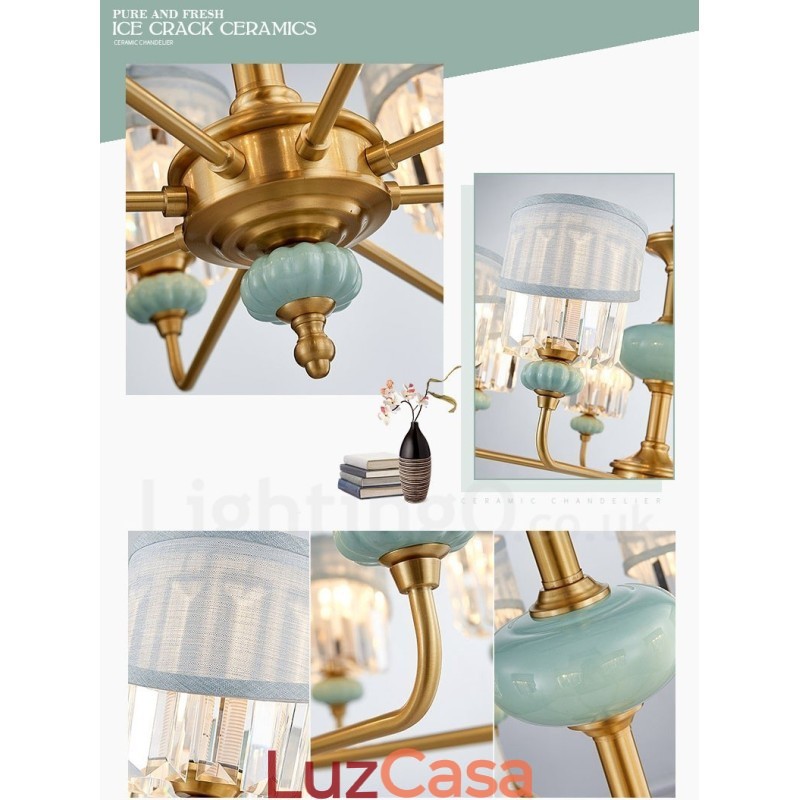 Pure Brass Luxuoso Rústico Retro Vintage Latão Cerâmica Pingente Vela Lustre com Tecido e Cristal Tons