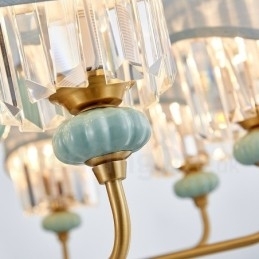 Pure Brass Luxuoso Rústico Retro Vintage Latão Cerâmica Pingente Vela Lustre com Tecido e Cristal Tons