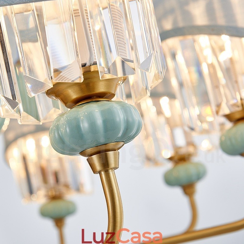 Pure Brass Luxuoso Rústico Retro Vintage Latão Cerâmica Pingente Vela Lustre com Tecido e Cristal Tons