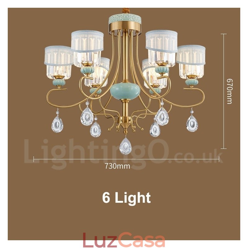 Pure Brass Luxuoso Rústico Retro Vintage Latão Cerâmica Pingente Vela Lustre com Tecido e Cristal Tons