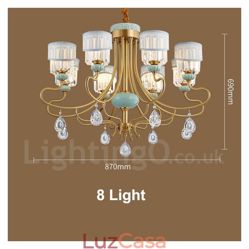 Pure Brass Luxuoso Rústico Retro Vintage Latão Cerâmica Pingente Vela Lustre com Tecido e Cristal Tons