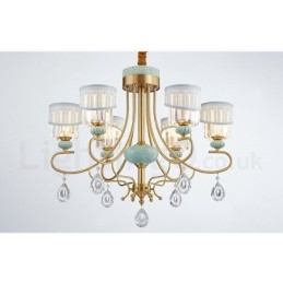 Pure Brass Luxuoso Rústico Retro Vintage Latão Cerâmica Pingente Vela Lustre com Tecido e Cristal Tons