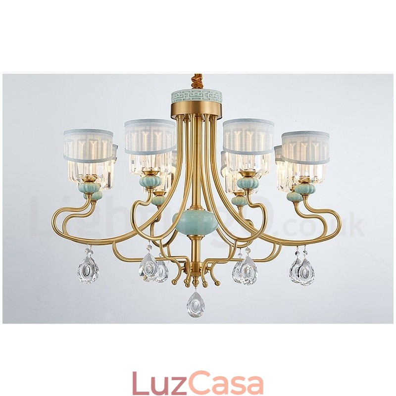 Pure Brass Luxuoso Rústico Retro Vintage Latão Cerâmica Pingente Vela Lustre com Tecido e Cristal Tons