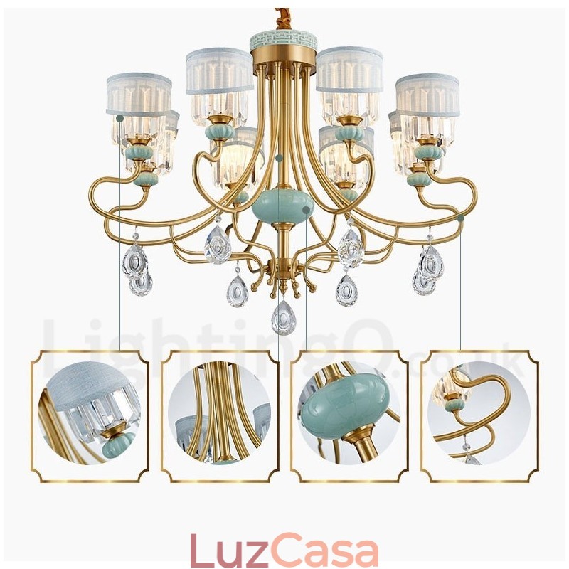 Pure Brass Luxuoso Rústico Retro Vintage Latão Cerâmica Pingente Vela Lustre com Tecido e Cristal Tons