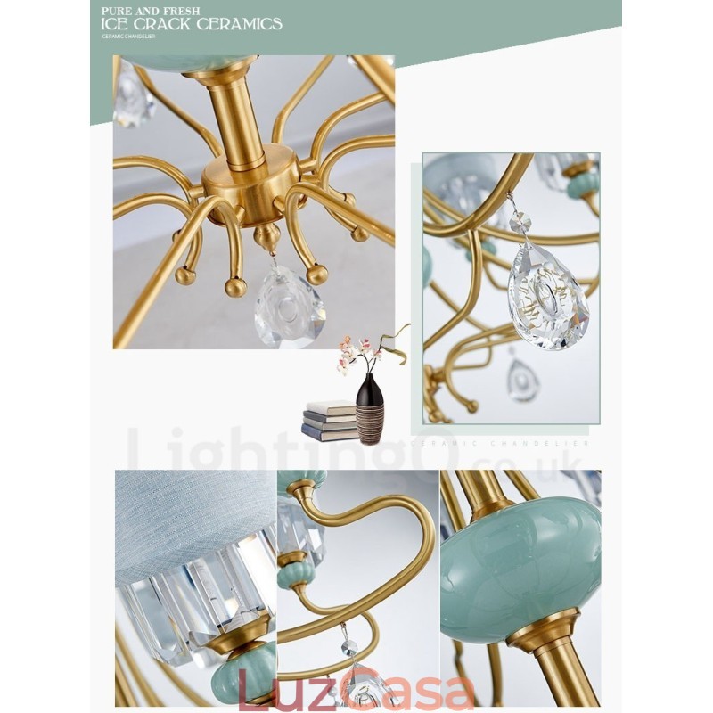 Pure Brass Luxuoso Rústico Retro Vintage Latão Cerâmica Pingente Vela Lustre com Tecido e Cristal Tons