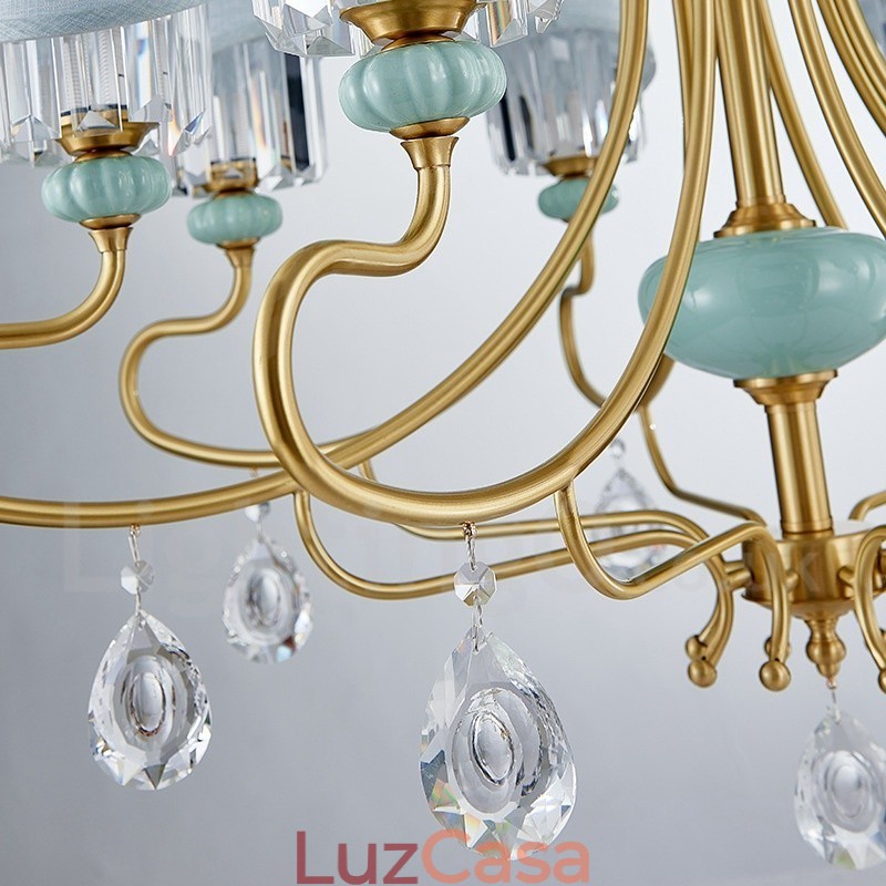 Pure Brass Luxuoso Rústico Retro Vintage Latão Cerâmica Pingente Vela Lustre com Tecido e Cristal Tons