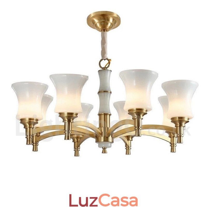 Pure Brass Luxuoso Rústico Retro Vintage Latão Pedra Pingente Vela Lustre com Tons de Vidro