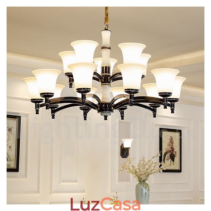 Pure Brass Luxuoso Rústico Retro Vintage Latão Pedra Pingente Vela Lustre com Tons de Vidro