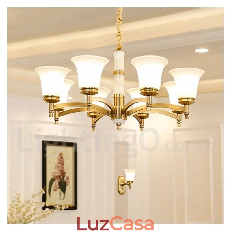 Pure Brass Luxuoso Rústico Retro Vintage Latão Pedra Pingente Vela Lustre com Tons de Vidro