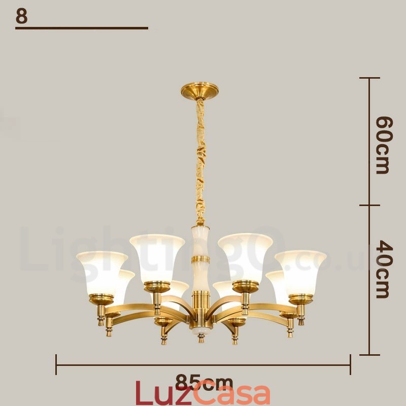 Pure Brass Luxuoso Rústico Retro Vintage Latão Pedra Pingente Vela Lustre com Tons de Vidro