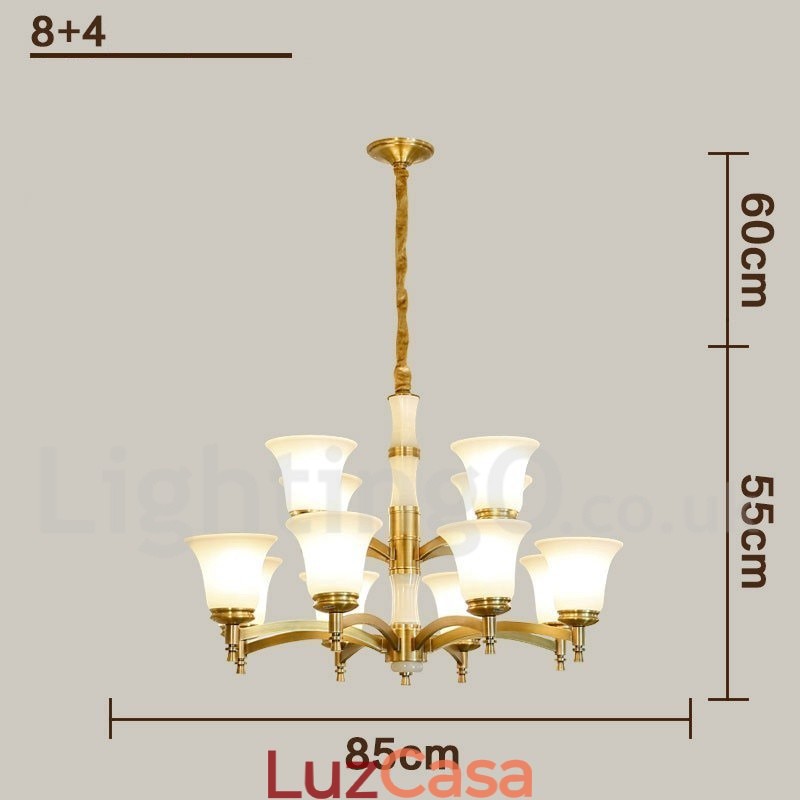 Pure Brass Luxuoso Rústico Retro Vintage Latão Pedra Pingente Vela Lustre com Tons de Vidro