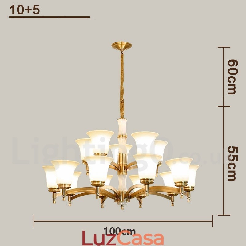 Pure Brass Luxuoso Rústico Retro Vintage Latão Pedra Pingente Vela Lustre com Tons de Vidro
