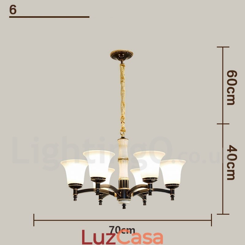 Pure Brass Luxuoso Rústico Retro Vintage Latão Pedra Pingente Vela Lustre com Tons de Vidro