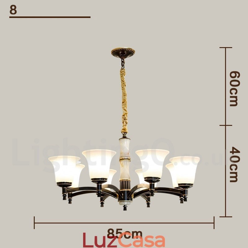 Pure Brass Luxuoso Rústico Retro Vintage Latão Pedra Pingente Vela Lustre com Tons de Vidro