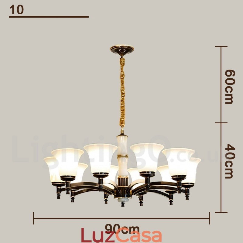 Pure Brass Luxuoso Rústico Retro Vintage Latão Pedra Pingente Vela Lustre com Tons de Vidro