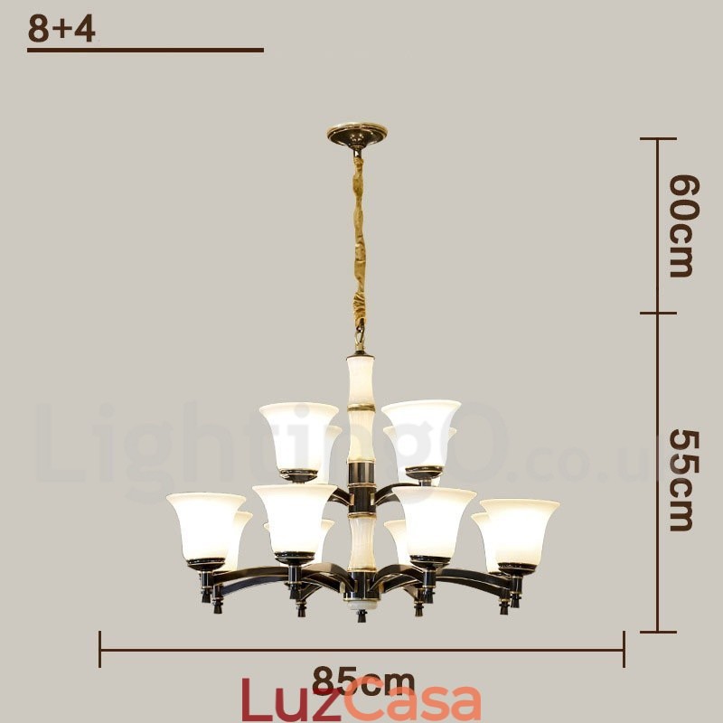 Pure Brass Luxuoso Rústico Retro Vintage Latão Pedra Pingente Vela Lustre com Tons de Vidro
