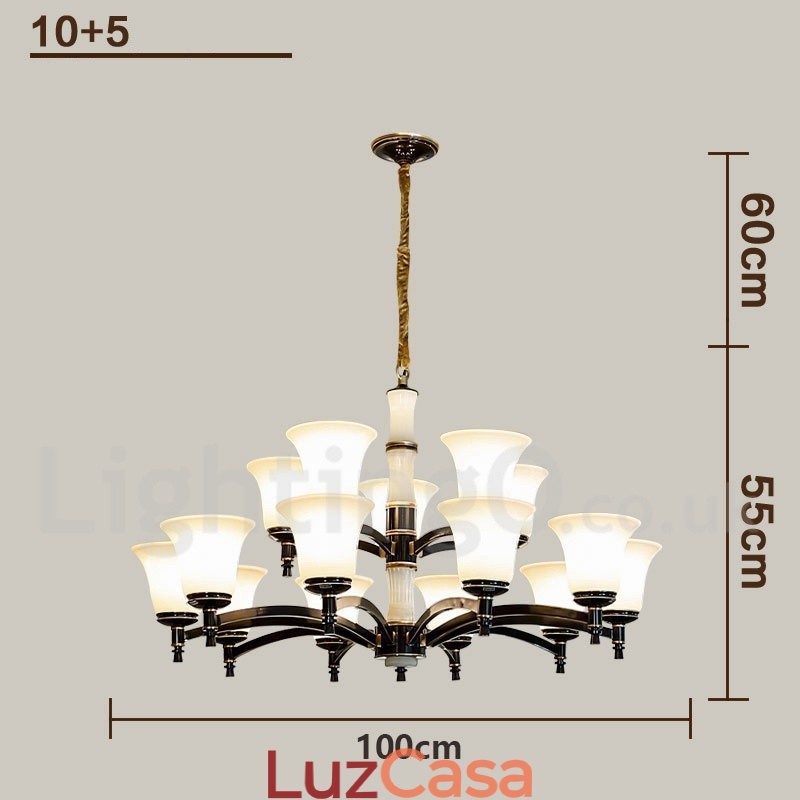 Pure Brass Luxuoso Rústico Retro Vintage Latão Pedra Pingente Vela Lustre com Tons de Vidro
