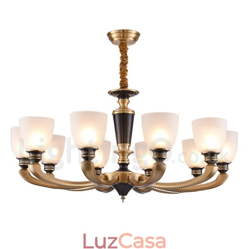 Pure Brass Luxuoso Rústico Retro Vintage Latão Pingente Vela Lustre com Tons de Vidro