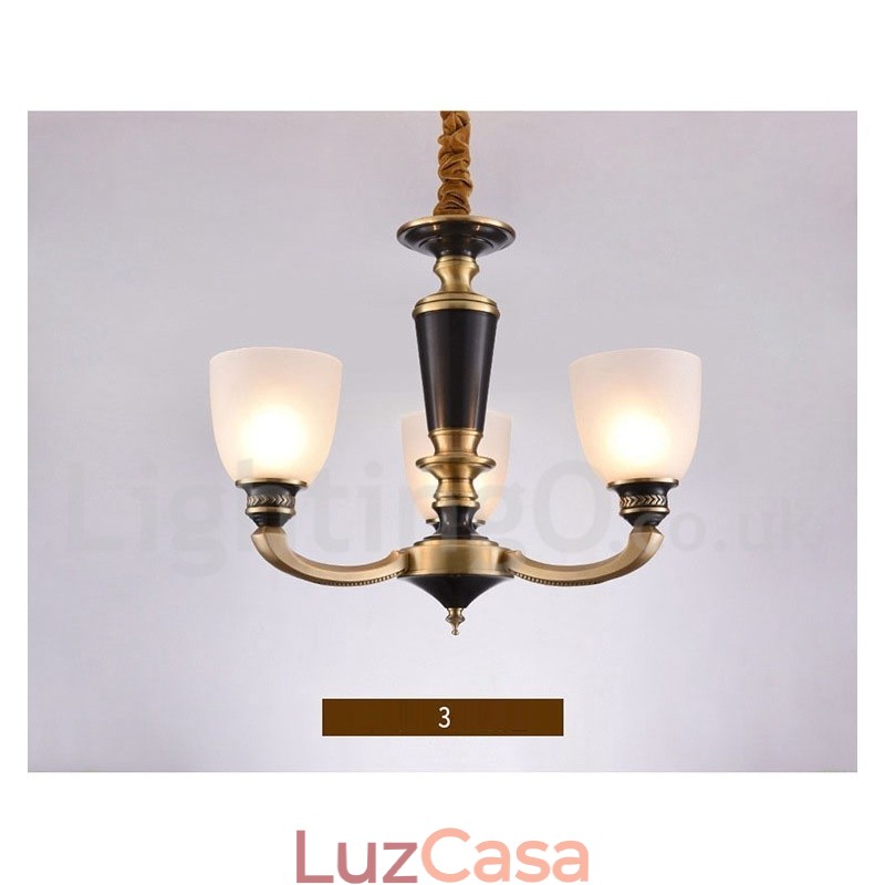 Pure Brass Luxuoso Rústico Retro Vintage Latão Pingente Vela Lustre com Tons de Vidro