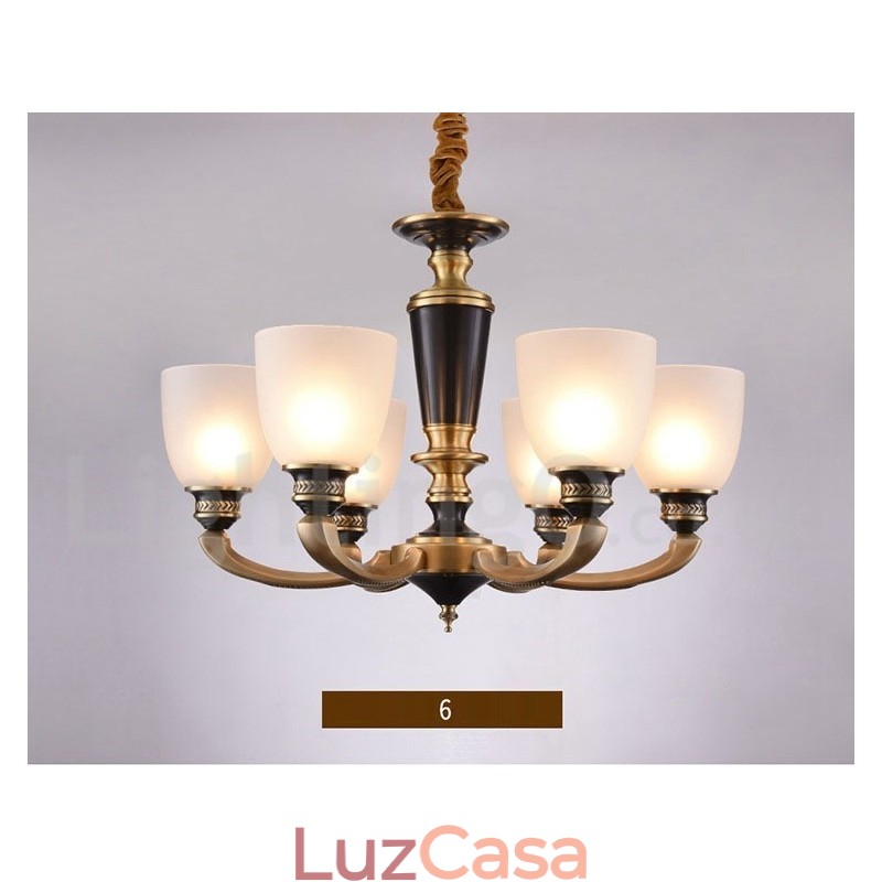 Pure Brass Luxuoso Rústico Retro Vintage Latão Pingente Vela Lustre com Tons de Vidro