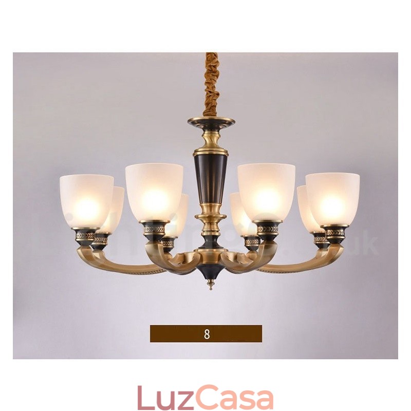 Pure Brass Luxuoso Rústico Retro Vintage Latão Pingente Vela Lustre com Tons de Vidro