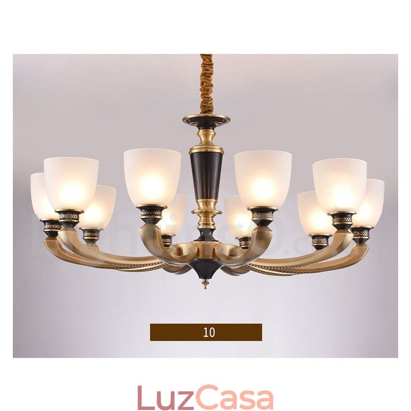 Pure Brass Luxuoso Rústico Retro Vintage Latão Pingente Vela Lustre com Tons de Vidro