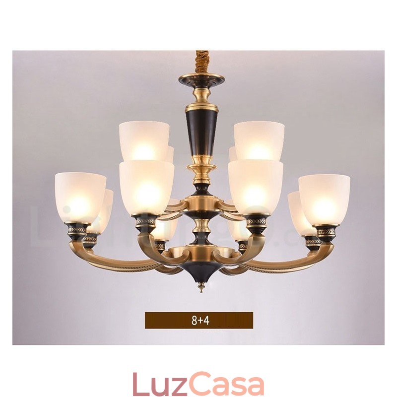 Pure Brass Luxuoso Rústico Retro Vintage Latão Pingente Vela Lustre com Tons de Vidro
