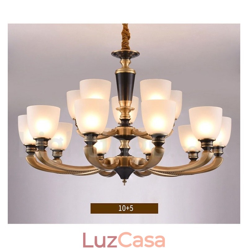 Pure Brass Luxuoso Rústico Retro Vintage Latão Pingente Vela Lustre com Tons de Vidro