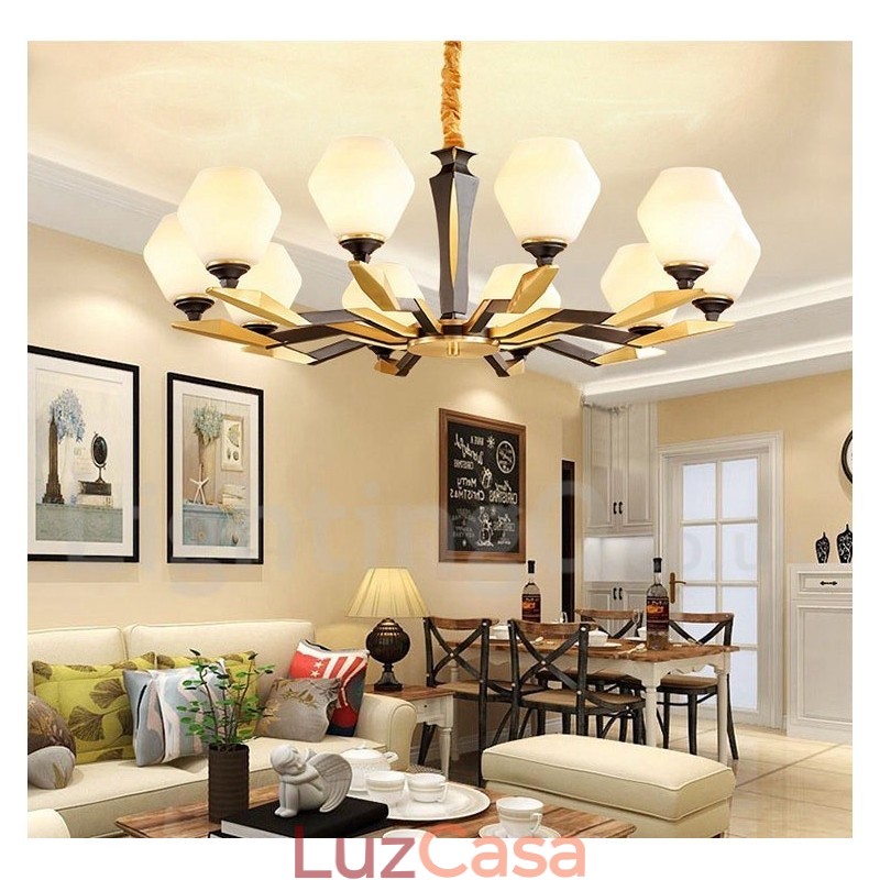 Pure Brass Luxuoso Rústico Retro Vintage Latão Pingente Vela Lustre com Tons de Vidro