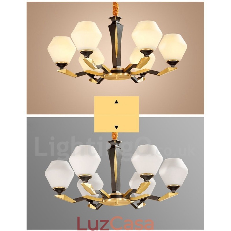Pure Brass Luxuoso Rústico Retro Vintage Latão Pingente Vela Lustre com Tons de Vidro