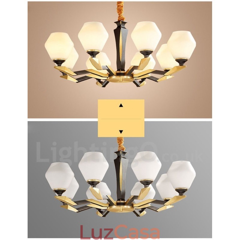 Pure Brass Luxuoso Rústico Retro Vintage Latão Pingente Vela Lustre com Tons de Vidro