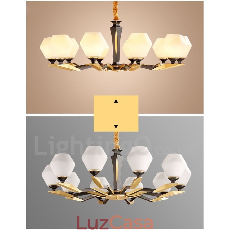 Pure Brass Luxuoso Rústico Retro Vintage Latão Pingente Vela Lustre com Tons de Vidro