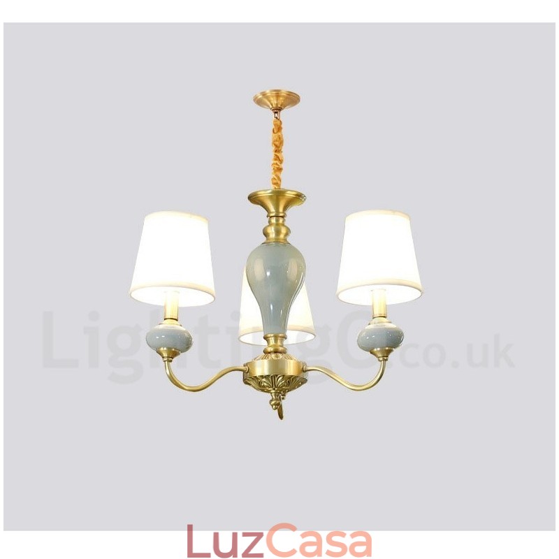 Pure Brass Luxuoso Rústico Retro Vintage Latão Cerâmica Pingente Vela Lustre com Tecido Tons