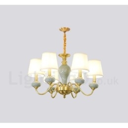 Pure Brass Luxuoso Rústico Retro Vintage Latão Cerâmica Pingente Vela Lustre com Tecido Tons