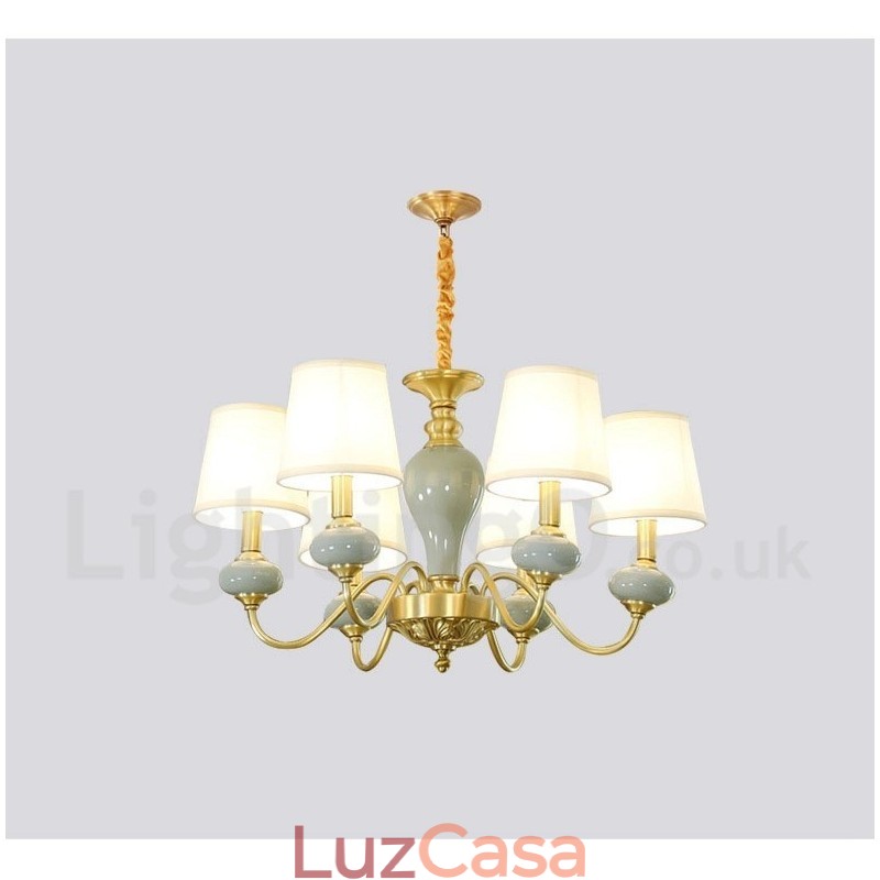 Pure Brass Luxuoso Rústico Retro Vintage Latão Cerâmica Pingente Vela Lustre com Tecido Tons