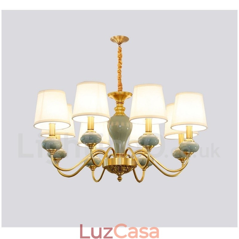 Pure Brass Luxuoso Rústico Retro Vintage Latão Cerâmica Pingente Vela Lustre com Tecido Tons