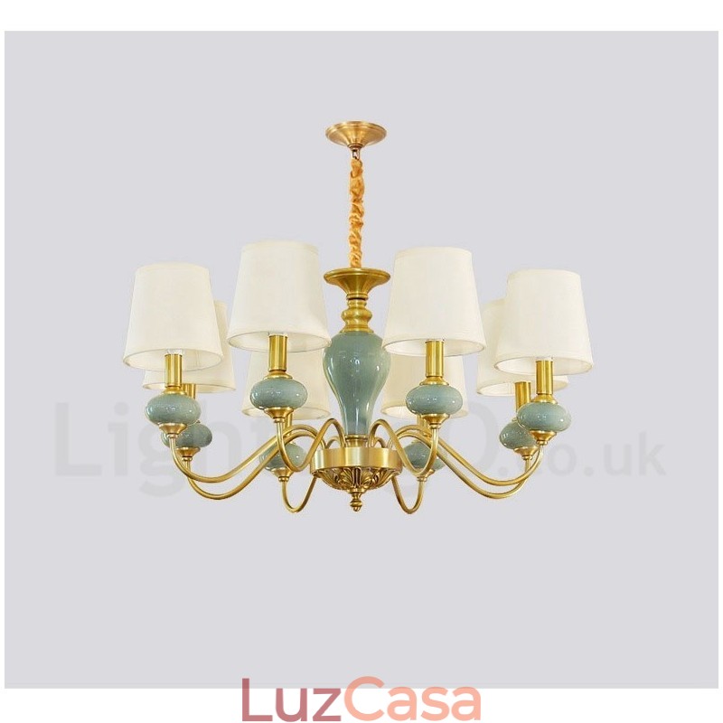 Pure Brass Luxuoso Rústico Retro Vintage Latão Cerâmica Pingente Vela Lustre com Tecido Tons