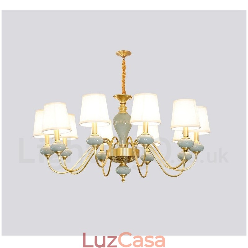 Pure Brass Luxuoso Rústico Retro Vintage Latão Cerâmica Pingente Vela Lustre com Tecido Tons