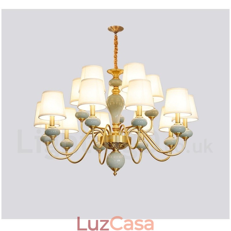 Pure Brass Luxuoso Rústico Retro Vintage Latão Cerâmica Pingente Vela Lustre com Tecido Tons